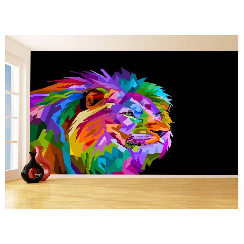 Papel De Parede Animais Leão Rosto Arte Cores 3,5M Anm493