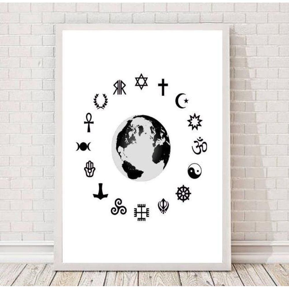 Quadro símbolos religiões 24x18cm - vidro, Moldura branca