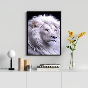 Quadro Leão Branco 45x34cm - Moldura Madeira Branca