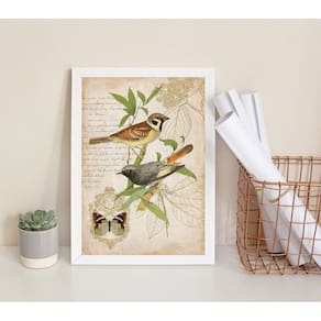 Quadro Pássaros Vintage Botânica 24x18cm - Madeira Branca