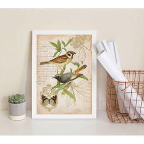 Quadro Pássaros Vintage Botânica 45x34cm com Vidro