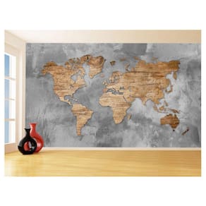 Papel De Parede 3D Mapa Mundi Madeira Concreto 3,5M Nmu44