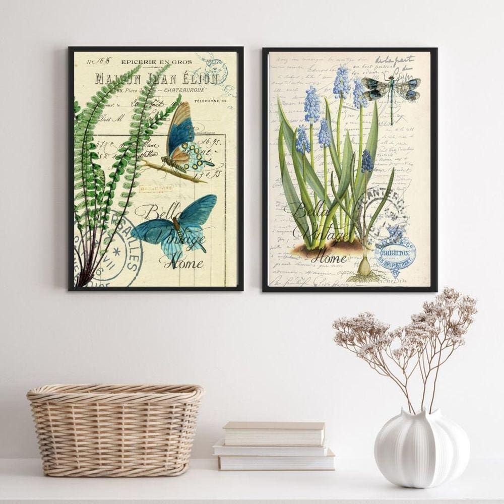 Kit 2 Quadros Botânica Vintage 24x18cm Moldura Branca