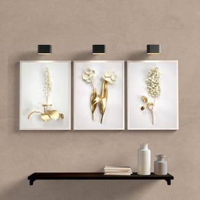 Quadros Flores Dourado/Branco 33x24cm - Vidro, Moldura Preta