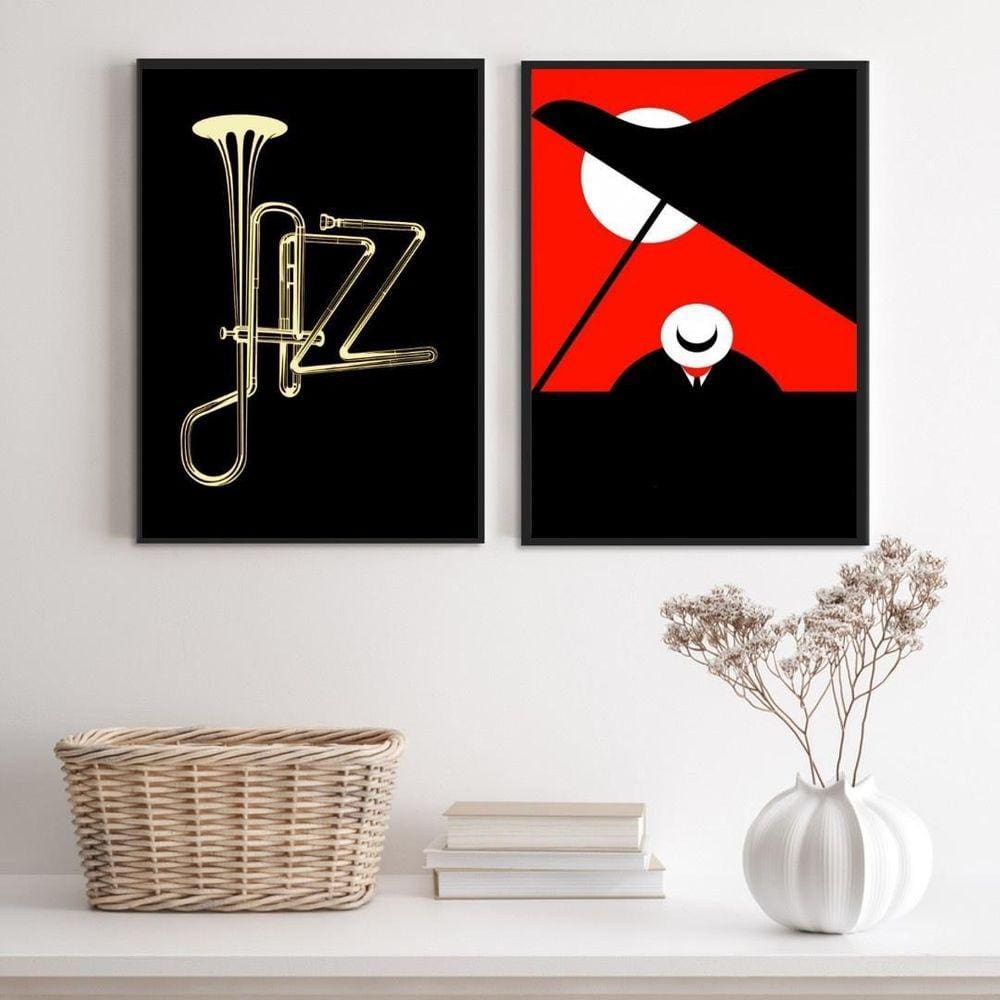 Kit 2 Quadros Jazz Preto/Vermelho 45x34cm - Madeira Branca