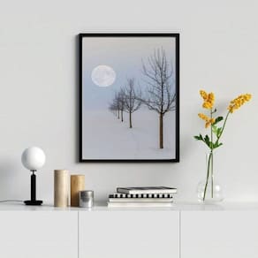 Quadro Paisagem Neve Árvore Lua 24x18cm Moldura Madeira