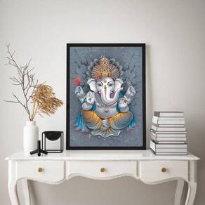 Quadro Ganesha Fundo Cinza 33x24cm - Vidro e Moldura Preta