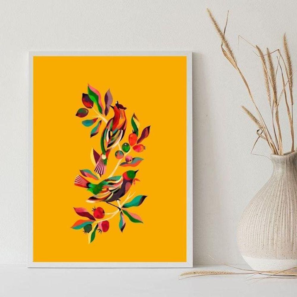 Quadro Decorativo Pássaros Colorido Amarelo 24X18Cm