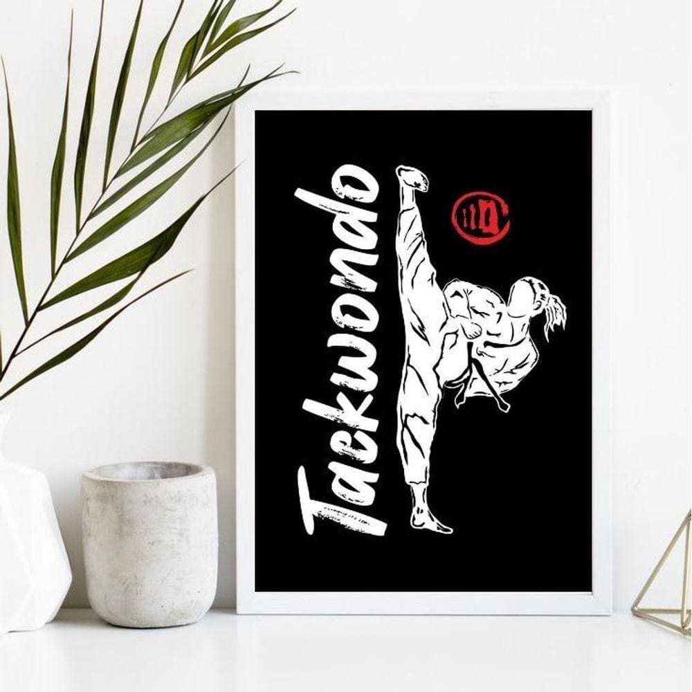 Quadro Decorativo Taekwondo 24x18cm - Vidro, Moldura Branca