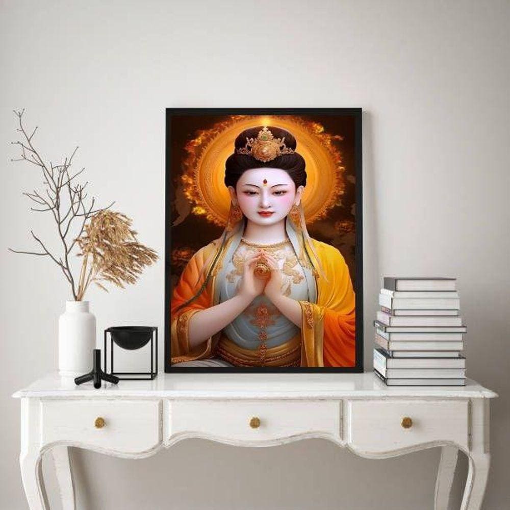 Quadro Deusa Chinesa Kuan Yin 45x34cm Moldura Madeira Preta