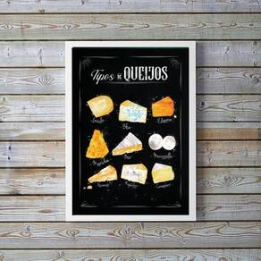 Quadro Decorativo Tipos de Queijo 33x24cm Madeira Branca