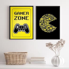 Kit 2 Quadros Gamer Preto e Amarelo 33x24cm - Vidro