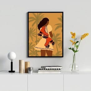 Quadro Decorativo Mulher Patins Boho 45x34cm Madeira Preta