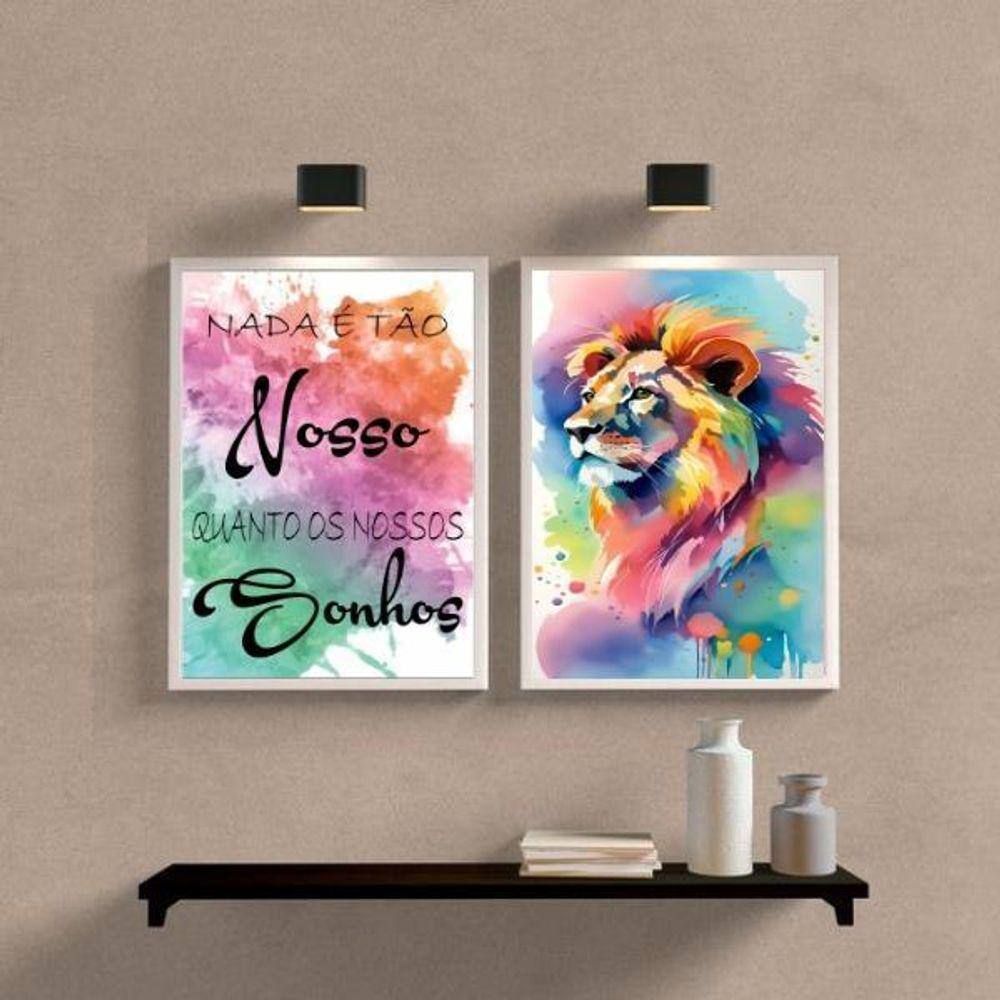 Kit 2 Quadros Leão Aquarela 24x18cm - Vidro e Moldura Preta