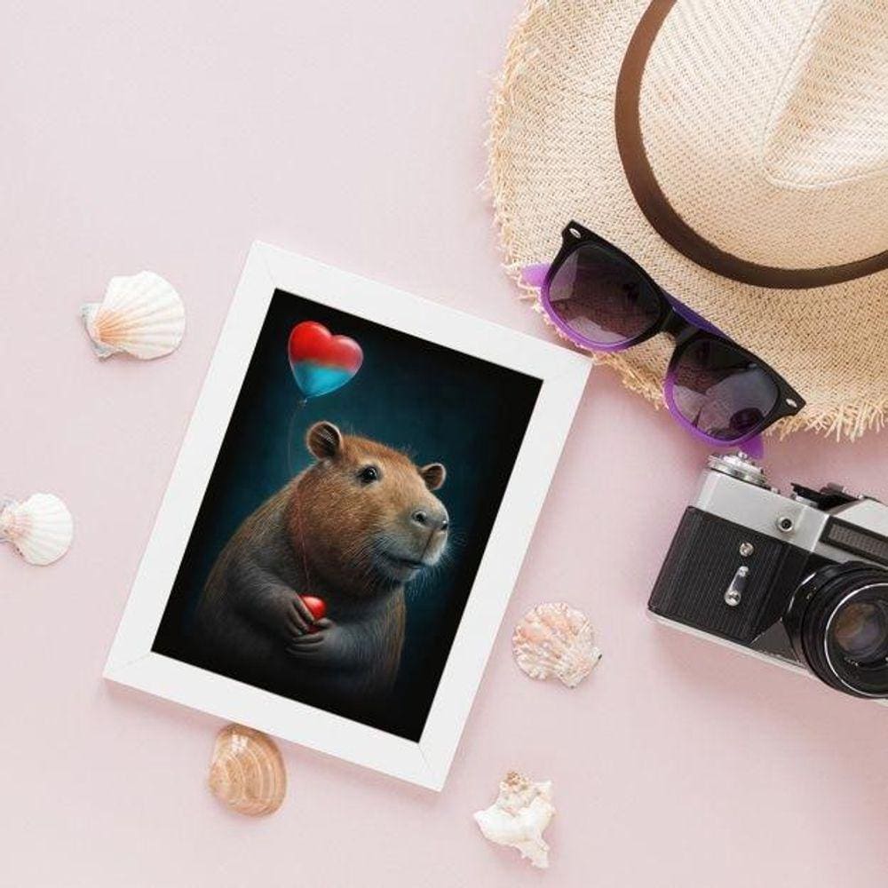 Quadro Capivara Coração 45x34cm - Vidro e Madeira Preta