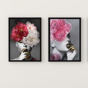 Kit 2 Quadros Mulher e Flores 33x24cm - Vidro