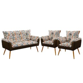 Poltrona Namoradeira e 2 Poltronas Opala F-014 Sued Estampado Bege com Veludo Aradecor