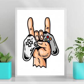 Quadro Gamer Mão Controle - 33x24cm - Madeira Preta