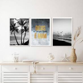 Kit 3 Quadros Praia Deus É Bom Preto E Branco 33X24Cm Vidro