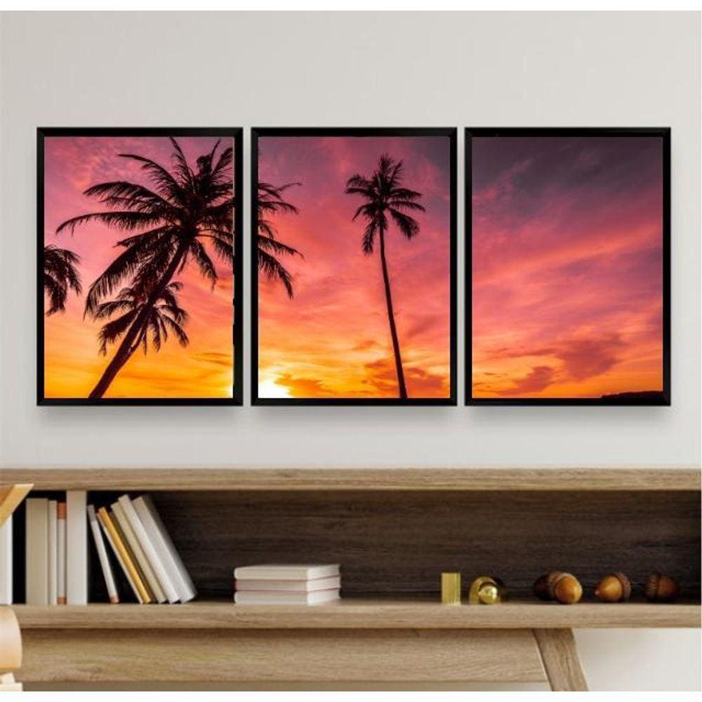 Kit 3 Quadros Decorativos Praia por do Sol 24x18cm - Branco