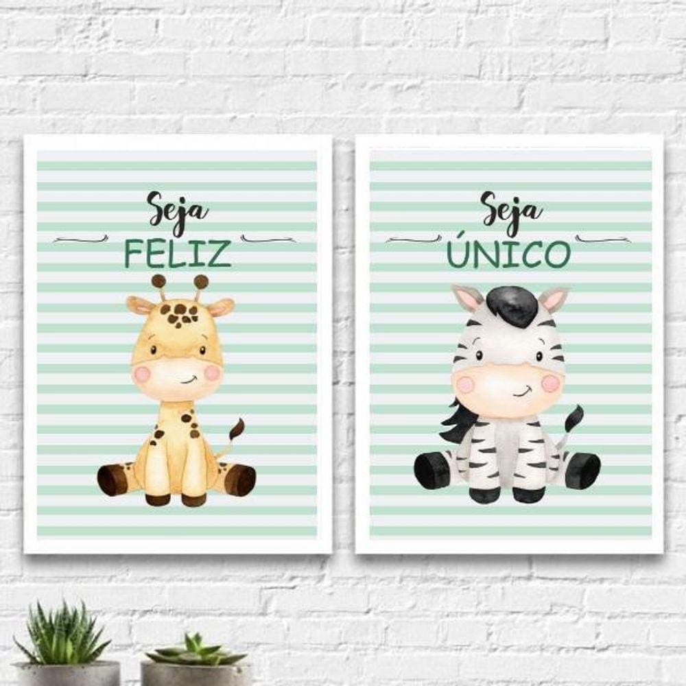 Kit 2 Quadros Infantil Tema Safari Seja Feliz 33X24Cm Branca