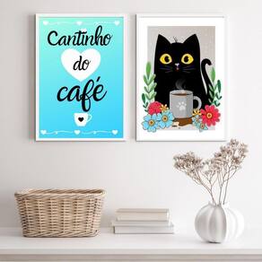 Kit 2 Quadros Gatinho Azul 24x18cm - Vidro e Moldura Preta