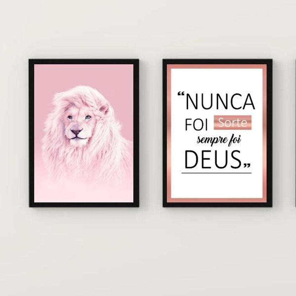 Kit 2 Quadros Leão Rosa 45x34cm - Moldura Preta