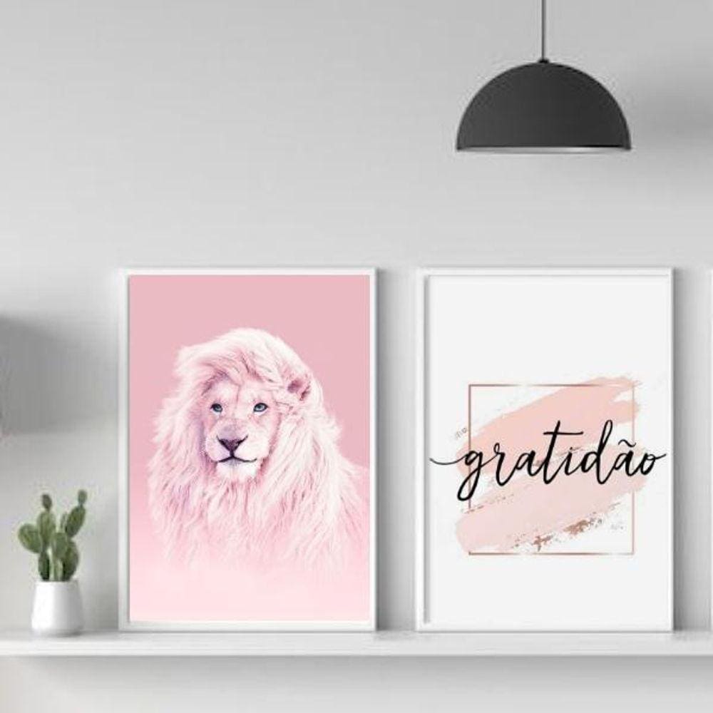 Kit 2 Quadros Decorativos Leão Rosa 33x24cm - Moldura Branca