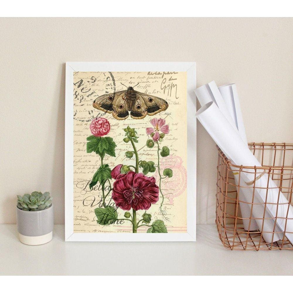 Quadro Borboleta e Flor Vintage 45x34cm - Vidro - Moldura Branca
