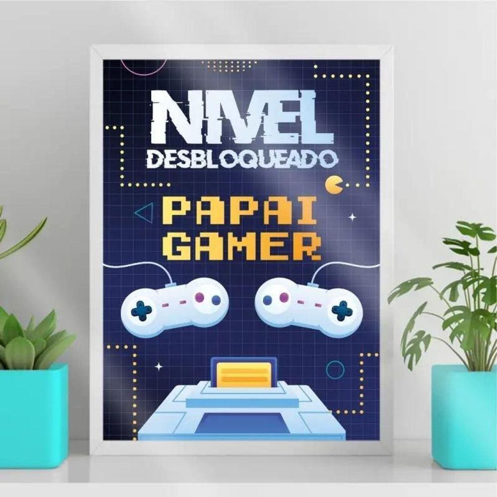Quadro Decorativo Papai Gamer 33x24cm - Com Vidro Branca