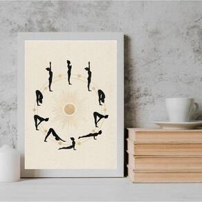 Quadro Yoga Posições 45x34cm - Vidro - Madeira Preta