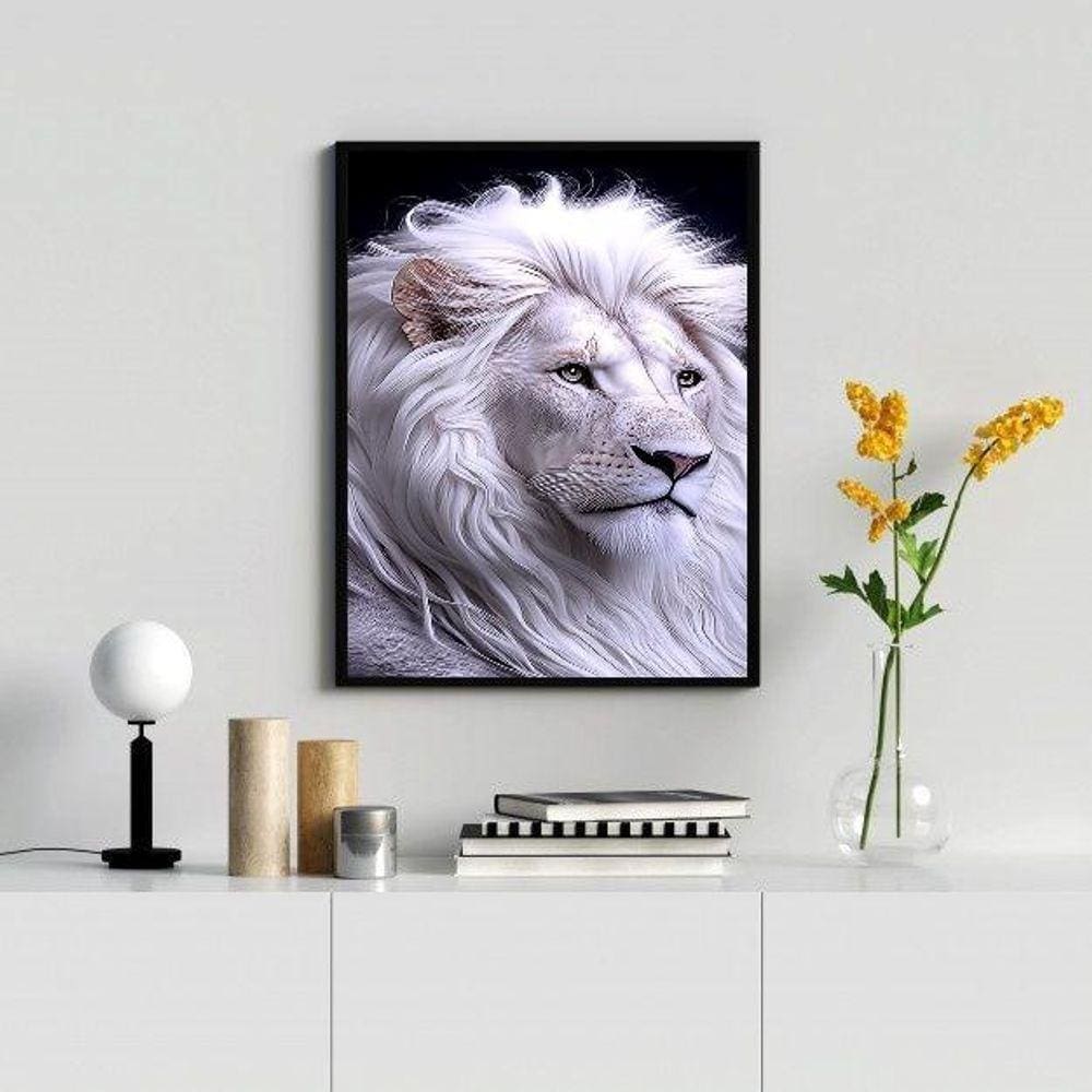 Quadro Decorativo Leão Branco 24x18cm - Vidro, Moldura Preta