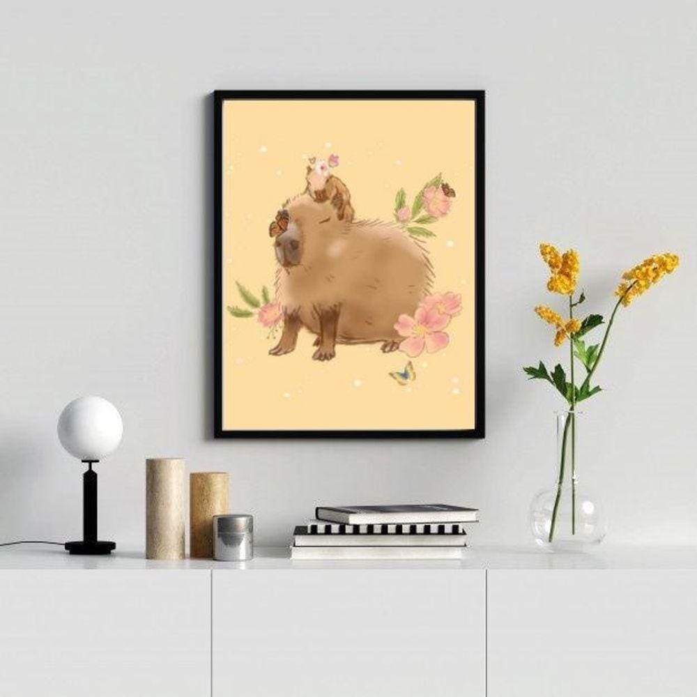 Quadro Capivara Desenho 33x24cm - Vidro - Madeira Branca