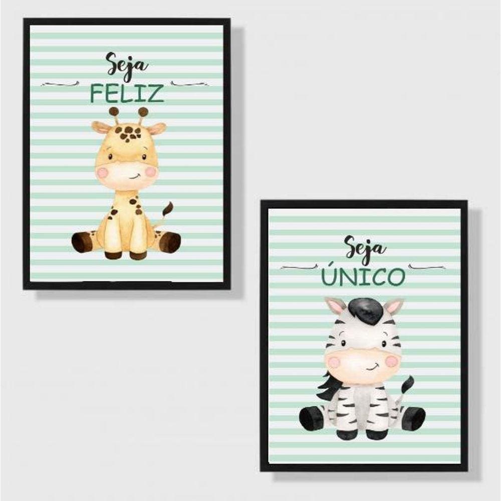 Kit 2 Quadros Infantil Tema Safari Seja 24X18Cm Vidro Preta