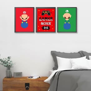 Kit 3 quadros gamer game never die 24x18cm - vidro