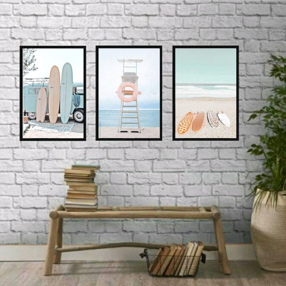 Quadros Decorativos Praia Relax 33x24cm - Kit 3 - Vidro