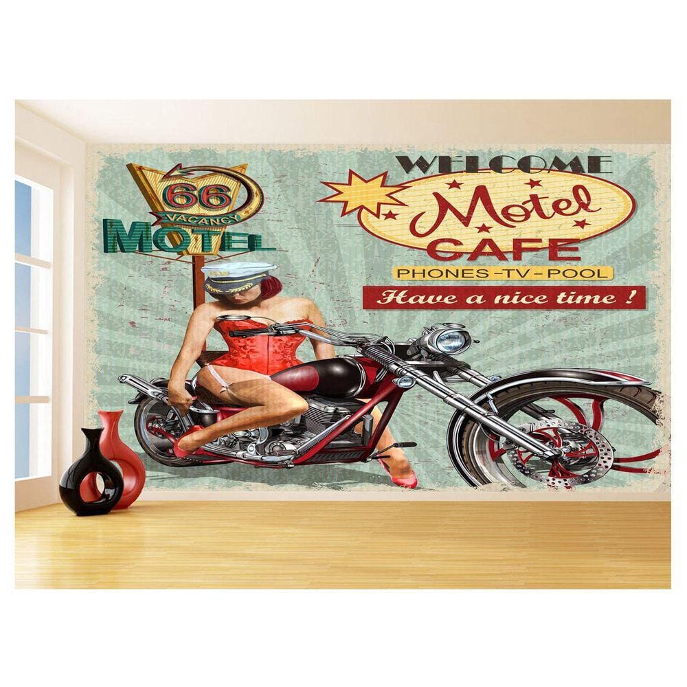 Papel De Parede 3D Moto Retrô Arte Pinup Custom 3,5M Bkm132