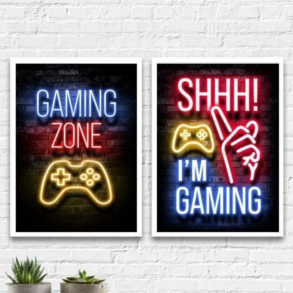 Kit 2 Quadros Gaming Zone 33X24Cm - Com Vidro Branca