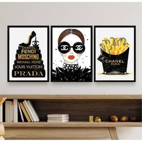 Kit 3 Quadros Fashion Marcas Famosas Mulher Livros 33x24cm