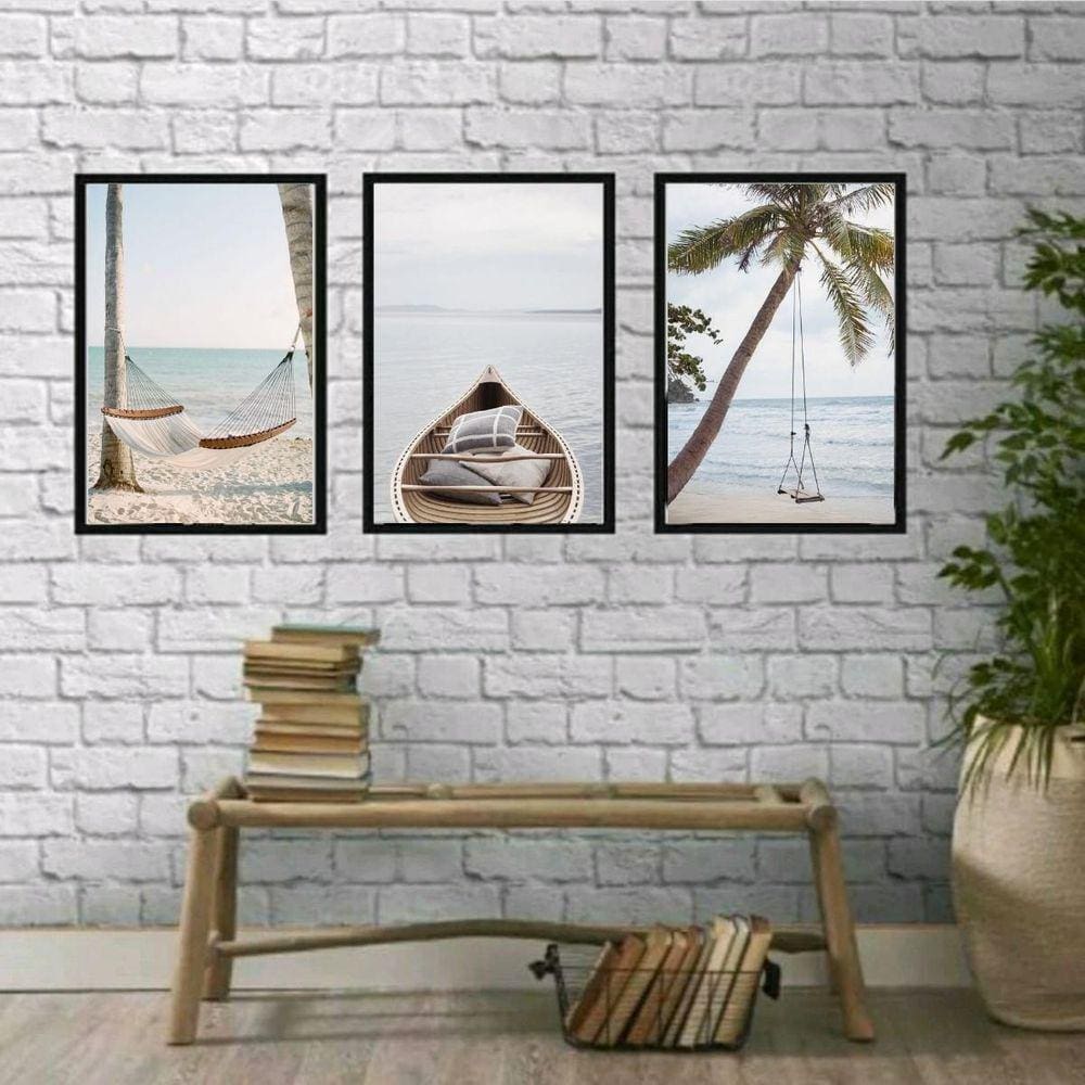 Kit 3 Quadros Fotografias Praia 24x18cm - Com Vidro