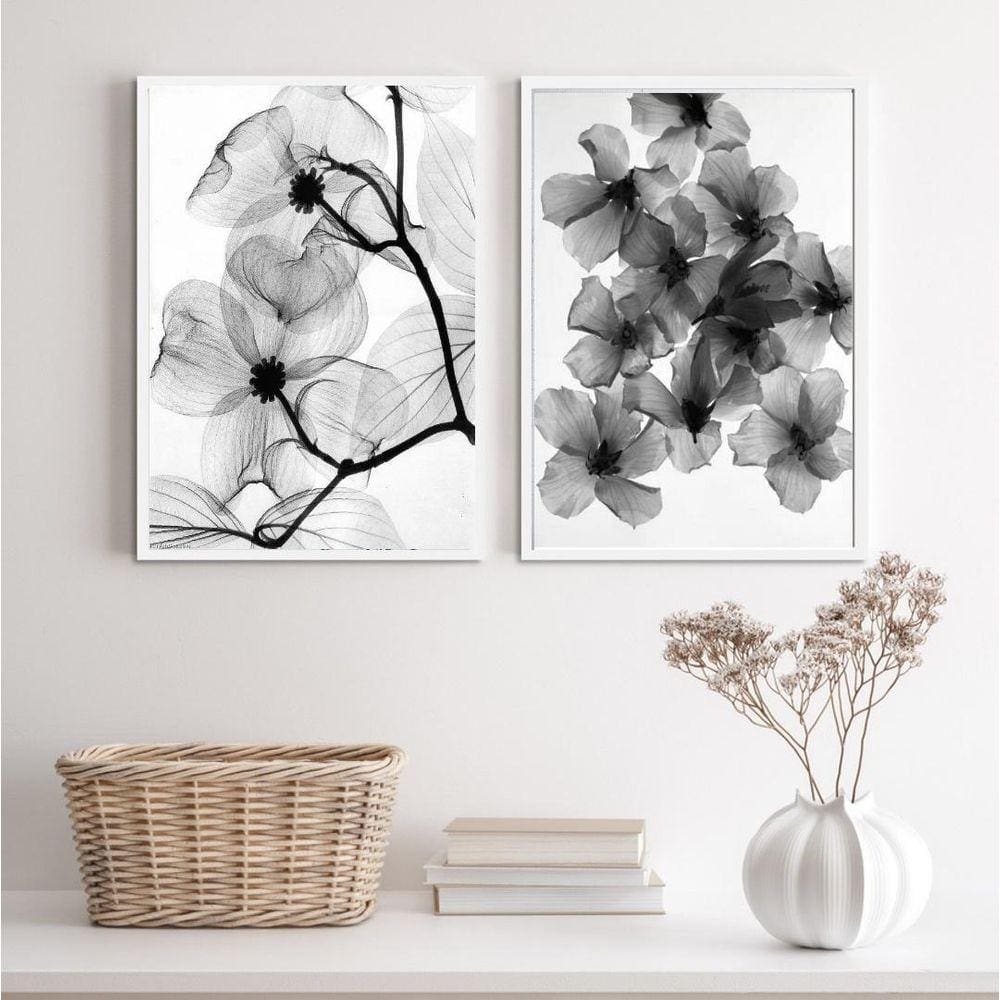 Kit 2 Quadros Florais Transparentes 45x34cm - Madeira Preta