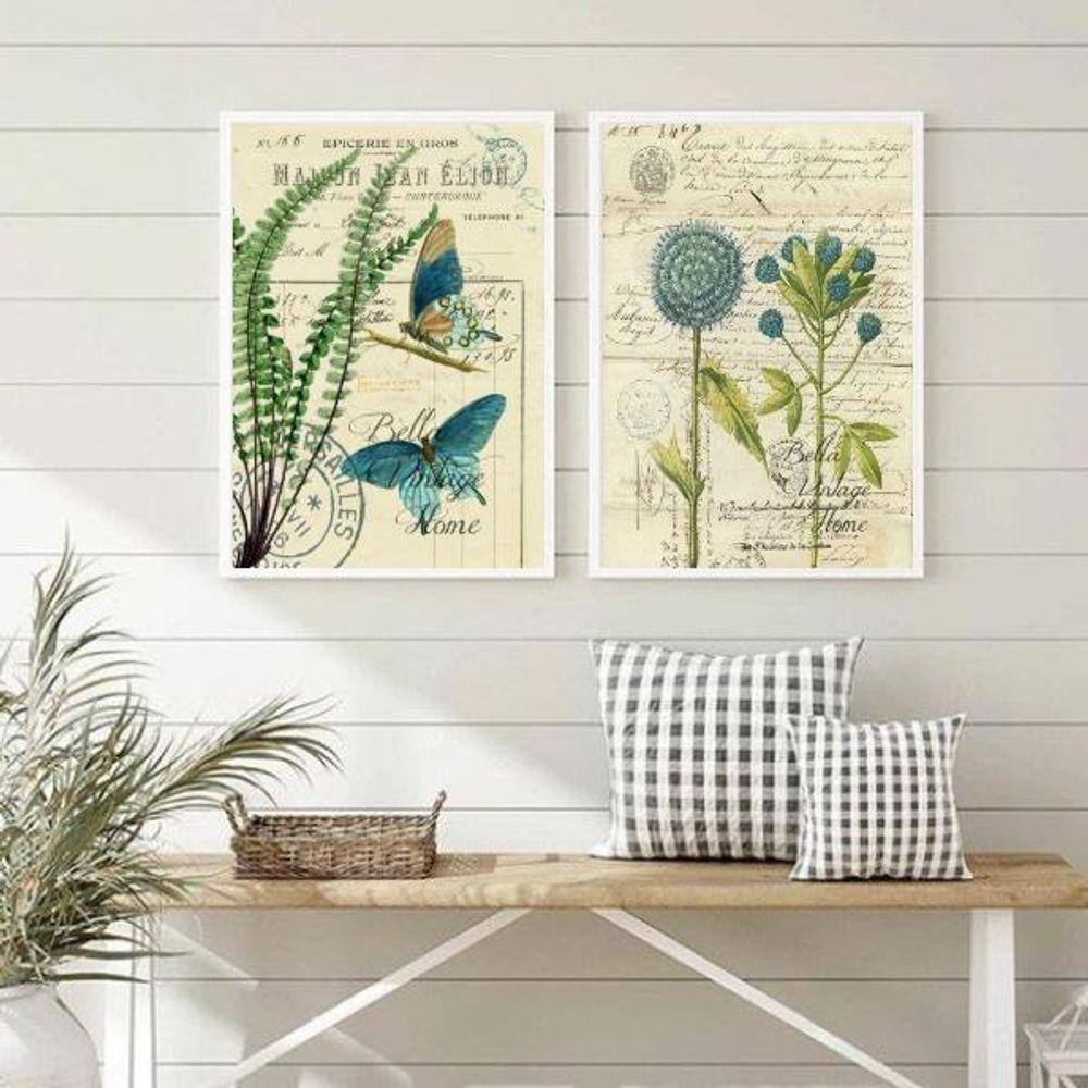 Quadros Botânica Vintage Borboletas Azuis 24x18cm - Vidro e Moldura Preta