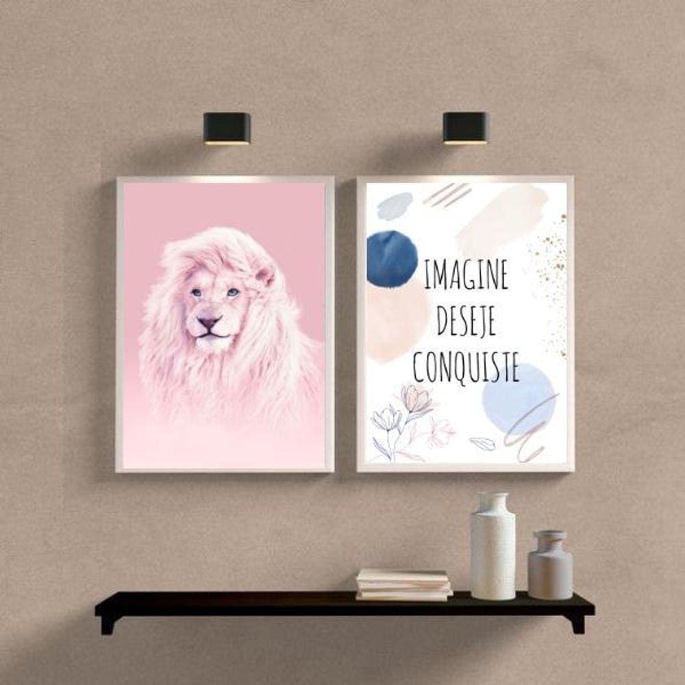 Kit 2 Quadros Leão Rosa 45x34cm - Vidro