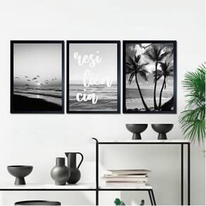 Kit 3 Quadros Praia Preto e Branco Resiliência 33x24cm