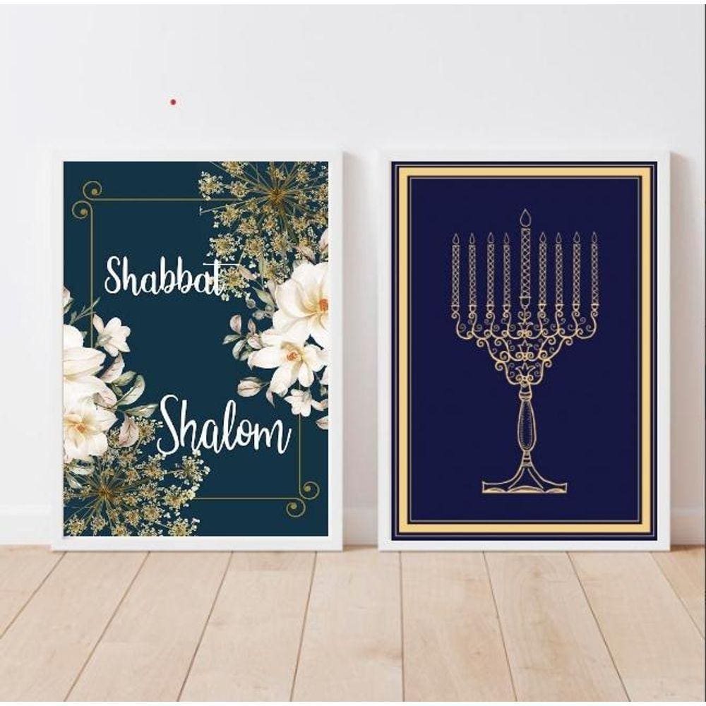 Kit 2 Quadros Judaicos Shabbat Menorah 24x18cm - Branco