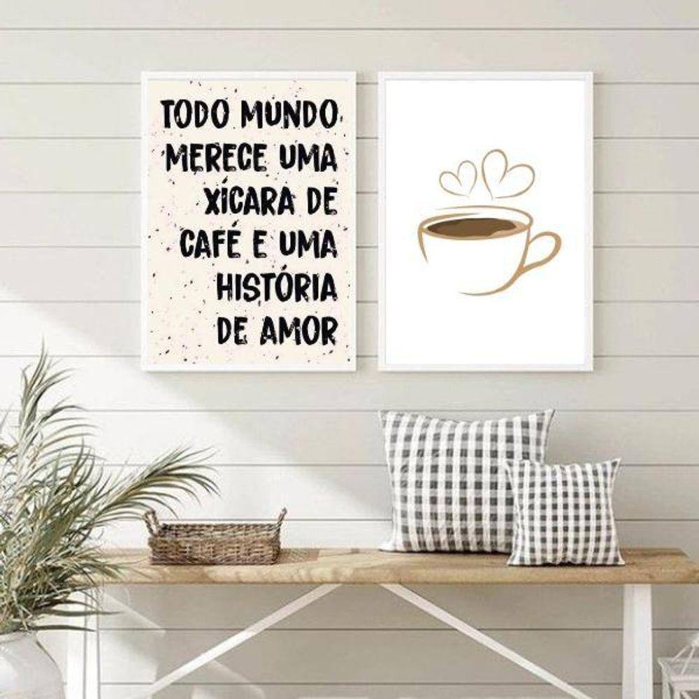Kit 2 Quadros Café e Amor 33x24cm - Vidro e Madeira Preta