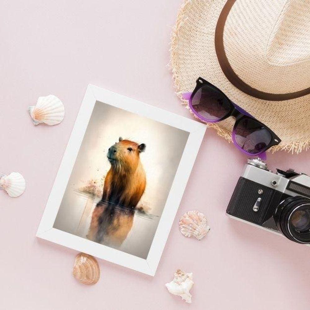 Quadro Aquarela Capivara 24x18cm - Moldura Branca