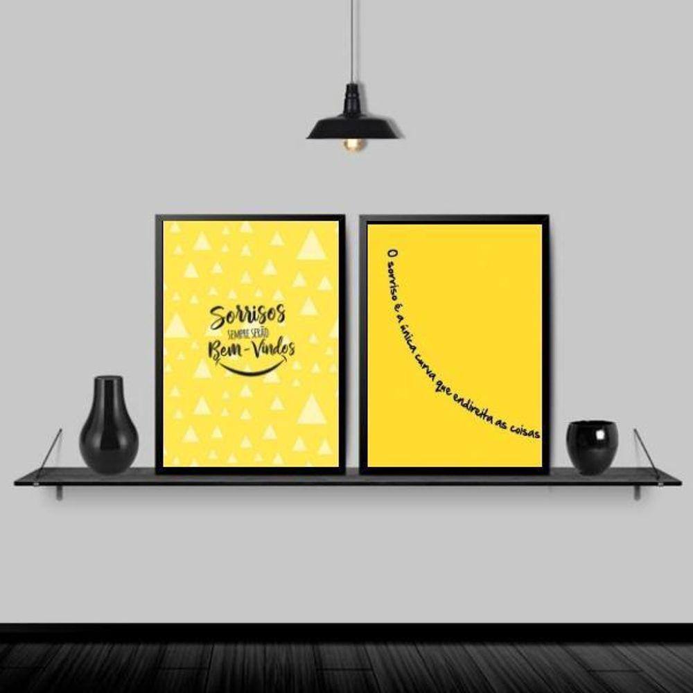 Kit 2 Quadros Dentista Sorriso Amarelo 24X18Cm - Vidro Preta