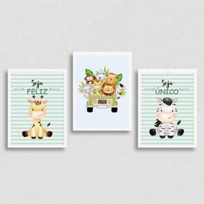 Kit 3 Quadros Safari Infantil 33x24cm - Moldura Branca
