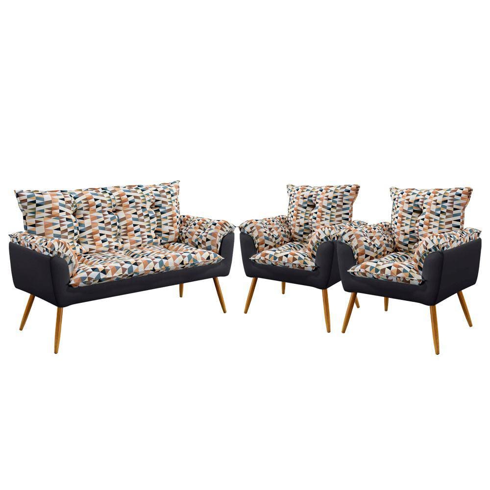 Kit Poltrona Namoradeira e 2 Poltronas Beta F-014 Sued Estampado Bege com Veludo Aradecor